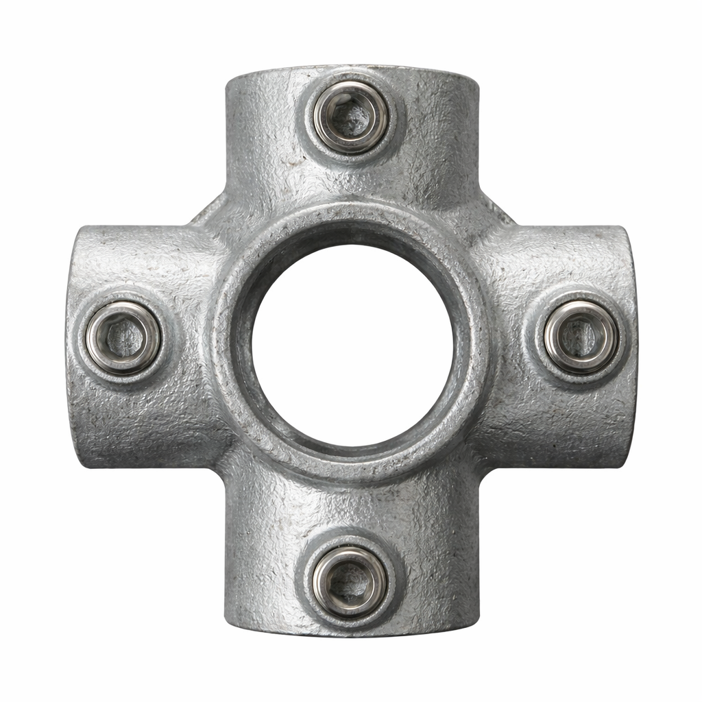 4 Way Centre Cross + Upright Key Clamp To Suit 48.3mm Tube - Galvanised Steel