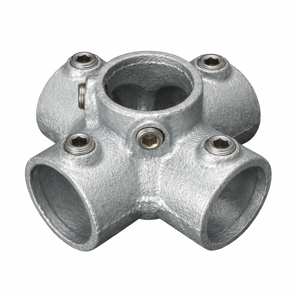 4 Way Centre Cross + Upright Key Clamp To Suit 48.3mm Tube - Galvanised Steel