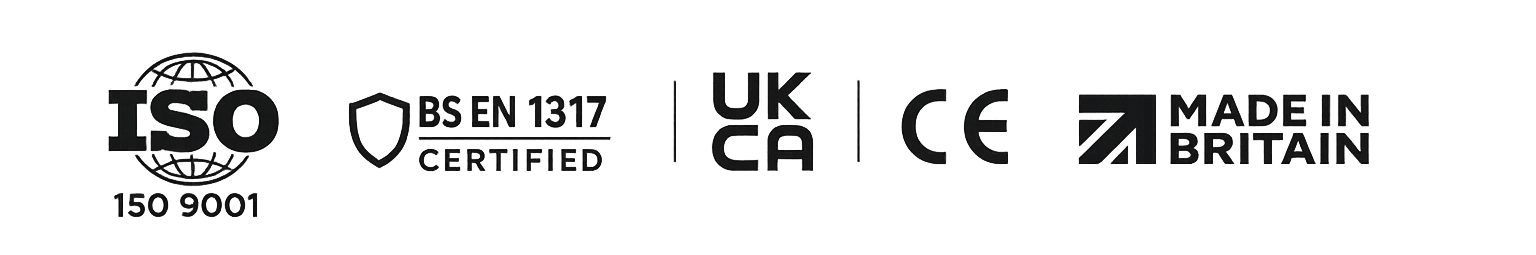 Set of certification logos including ISO, BS EN 1317, UKCA, CE, and Made in Britain on a white background.