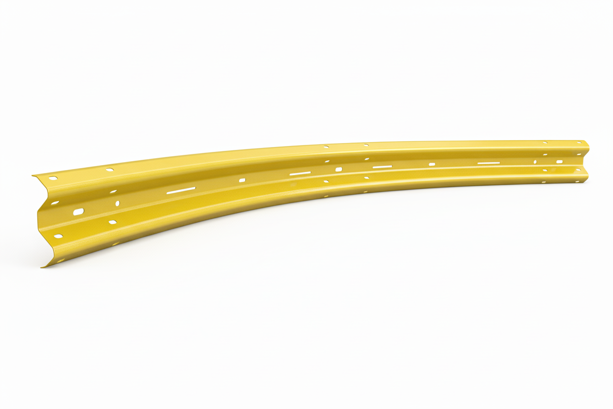 Curved armco barrier beam - powder coated safety yellow RAL 1007